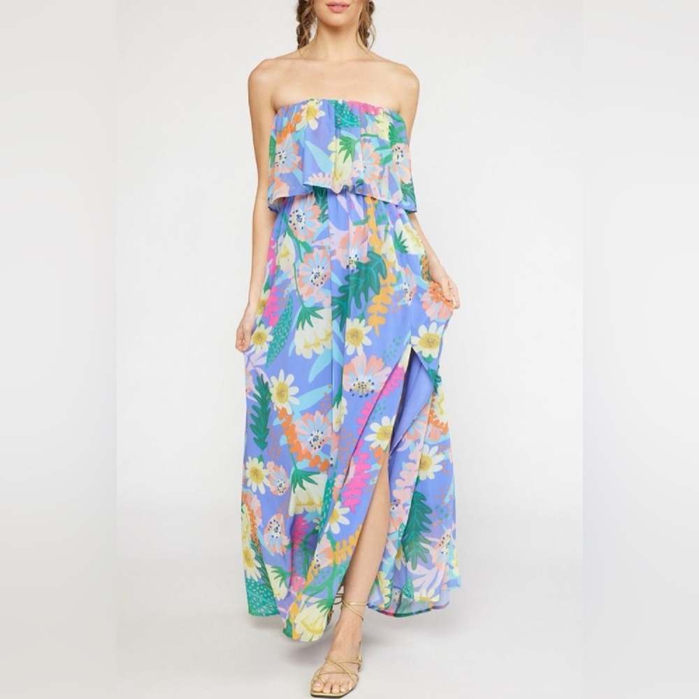 Entro Strapless Floral Dress - Blue and Green
